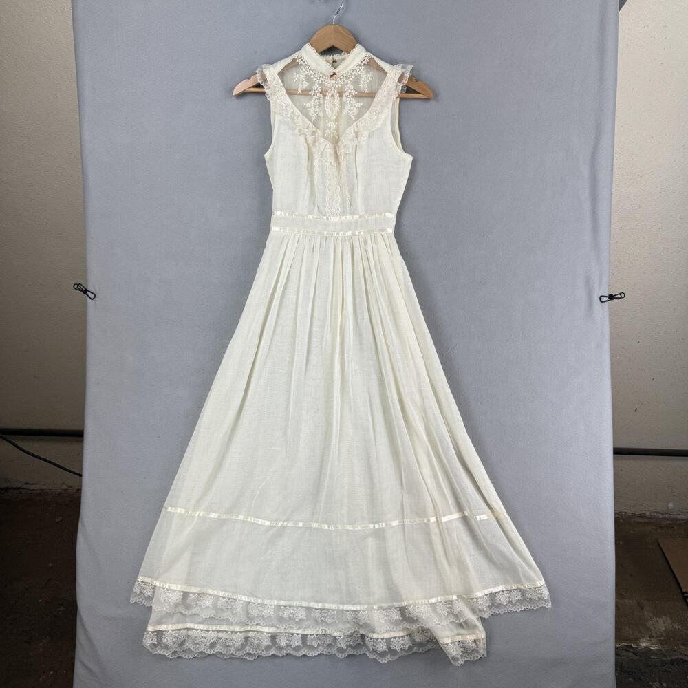 Vintage Candi Jones Dress Juniors 5 White Lace Maxi Prairie Boho Cottagecore
